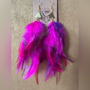 Fluffy pink & purple feather earrings with gold triangle pendants